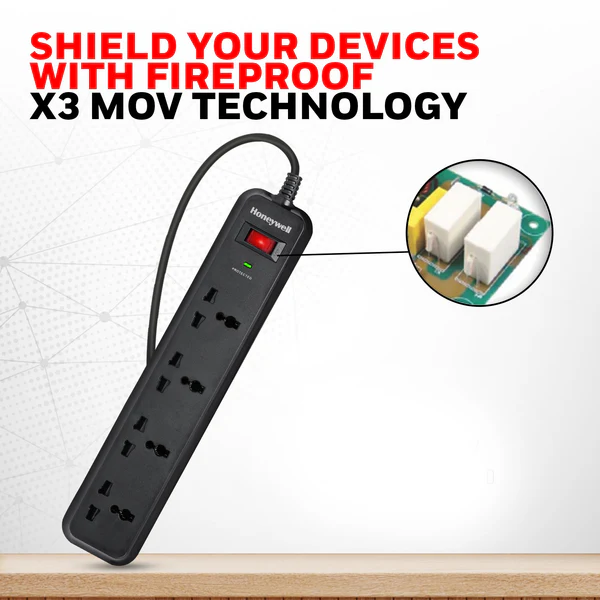 Honeywell 4 Socket Surge Protector | Master Switch | Surge Protection | 1.8m Cable | Spike Guard (Black) - Image 3