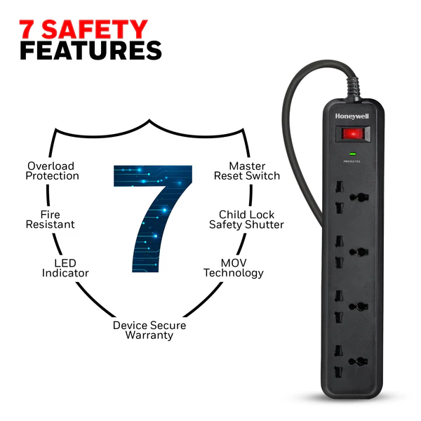 Honeywell 4 Socket Surge Protector | Master Switch | Surge Protection | 1.8m Cable | Spike Guard (Black) - Image 5