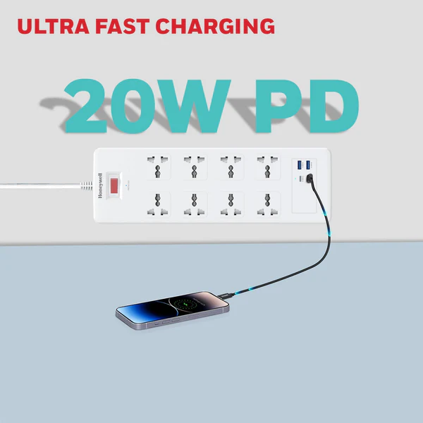 Honeywell 8 Socket Surge Protector | 2 Type-C PD + 2 USB Ports | 1050J Surge Protection | 1.8m Cable | Spike Guard (White) - Image 7