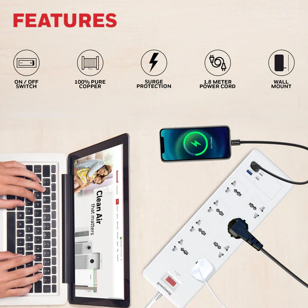 Honeywell 8 Socket Surge Protector | 2 Type-C PD + 2 USB Ports | 1050J Surge Protection | 1.8m Cable | Spike Guard (White) - Image 2