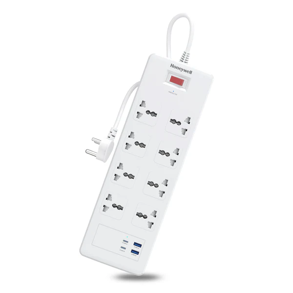 Honeywell 8 Socket Surge Protector | 2 Type-C PD + 2 USB Ports | 1050J Surge Protection | 1.8m Cable | Spike Guard (White)