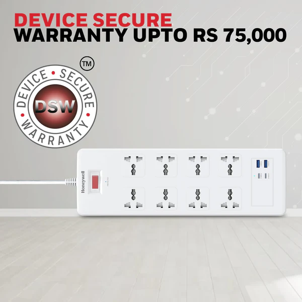 Honeywell 8 Socket Surge Protector | 2 Type-C PD + 2 USB Ports | 1050J Surge Protection | 1.8m Cable | Spike Guard (White) - Image 4