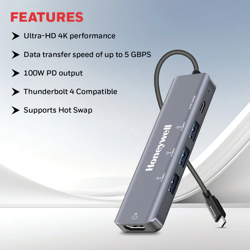 Honeywell Type C Docking Station 5 In 1 USB-C Hub with HDMI + USB 3.0 + 100W PD | 4K Output - Image 4